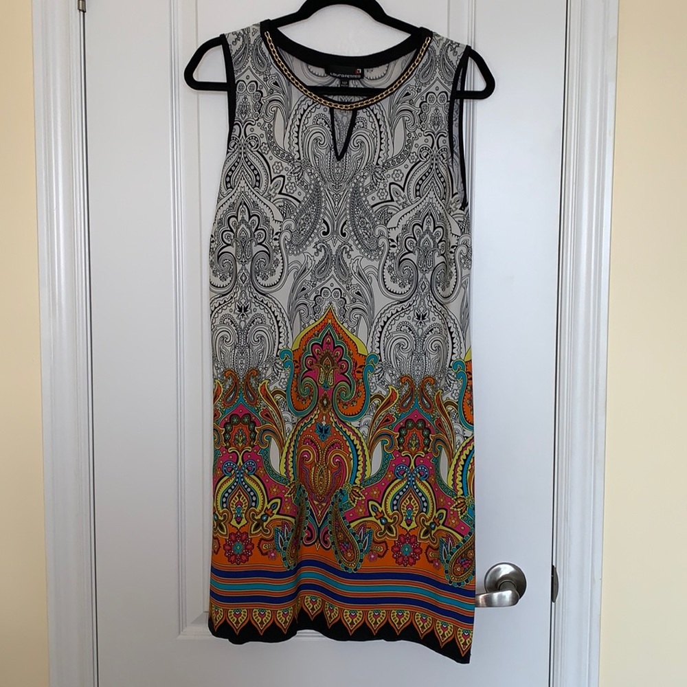 LAURA PETITES MULTI COLOURED PRINT DESIGN DRESS SIZE 14